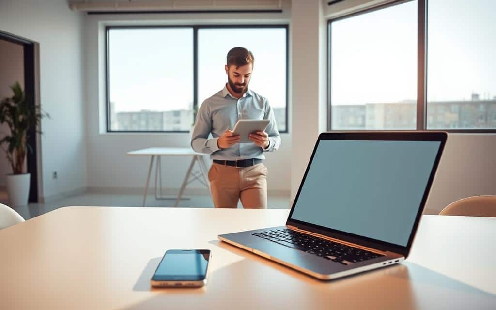 A bright, modern workspace showcasing user-friendly technology. In the foreground, a clean desk with a sleek laptop displaying an intuitive interface. A smartphone with a simple app layout rests beside it. In the middle ground, a professional, casually dressed individual (wearing a neat shirt and pants) engages with a smart tablet, clearly showcasing ease of use. The background features a minimalist office environment with large windows allowing natural light to flood the space, enhancing a positive atmosphere. Soft shadows create depth, and a warm color palette adds to the inviting mood. The scene captures the essence of choosing technology that simplifies tasks and empowers users.