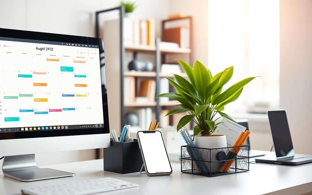 A clean, modern workspace showcasing digital organization tips tailored for busy individuals. In the foreground, a sleek computer screen displays a tidy digital calendar filled with color-coded tasks and reminders. A stylish desk organizer holds neatly arranged stationery and a smartphone showing a productivity app. In the middle, a vibrant indoor plant brings a touch of nature to the scene, symbolizing balance and freshness. The background features a thoughtfully designed bookshelf filled with organizational books and tech gadgets, bathed in soft, natural light from a nearby window. The composition evokes a calm, productive atmosphere, emphasizing efficiency and clarity. The lens focuses on the workspace, slightly blurred in the background, enhancing the foreground details.