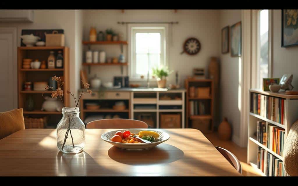 A cozy and inviting home interior that illustrates frugal living. In the foreground, a modest dining table with simple, upcycled decor, such as a vase made from a recycled jar, holds an affordable yet healthy meal. The middle ground features an open kitchen with minimalist shelves stocked with bulk pantry items and handwritten labels. Sunlight streams through a window, creating warm, natural lighting that highlights the space’s simplicity and care for sustainability. In the background, a small bookshelf is filled with second-hand books on budgeting and personal finance. The atmosphere is calming and practical, encouraging an ethos of thoughtful spending and resourcefulness, embodying a lifestyle of reducing non-essential spending.