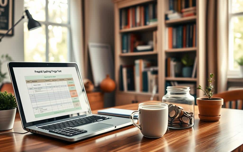 A cozy home office scene illustrating the concept of frugality in wealth-building. In the foreground, a neatly organized wooden desk with a laptop showcasing a simple budgeting spreadsheet, a calculator, and a potted plant. A modest savings jar filled with coins sits beside a steaming cup of herbal tea. In the middle ground, a well-used bookshelf filled with personal finance books and DIY project guides. In the background, a window with soft, natural light filtering in, illuminating the space and creating a warm, inviting atmosphere. The overall mood is calm and resourceful, emphasizing simplicity and intentionality. Capture with a wide-angle lens to include depth in the environment, focusing on the details that signify prudent financial habits.