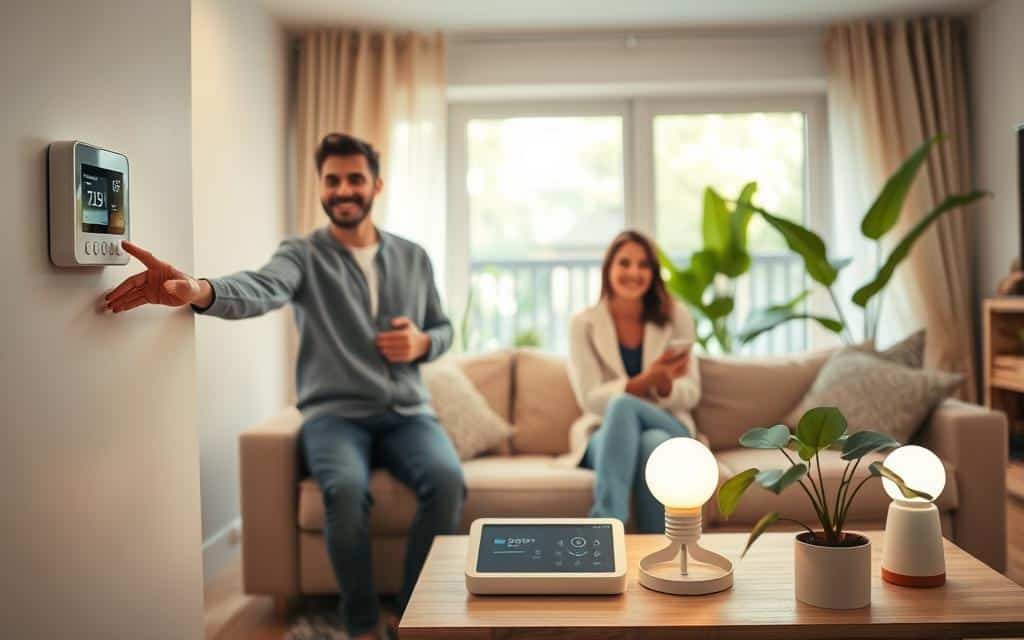 A cozy living room scene showcasing a modern family happily engaging in daily activities while cutting utility costs. In the foreground, a smiling couple dressed in comfortable casual clothing adjusts a smart thermostat on the wall, surrounded by subtle energy-efficient appliances. The middle ground features a warm, inviting sofa with energy-saving LED lamps casting soft, ambient lighting, and a smart home control panel on a stylish coffee table. In the background, large windows allow natural light to flood the room, highlighting green plants that symbolize eco-friendliness. The overall mood is cheerful and relaxed, emphasizing comfort without extravagance, captured with a warm color palette and soft focus for a homey atmosphere.