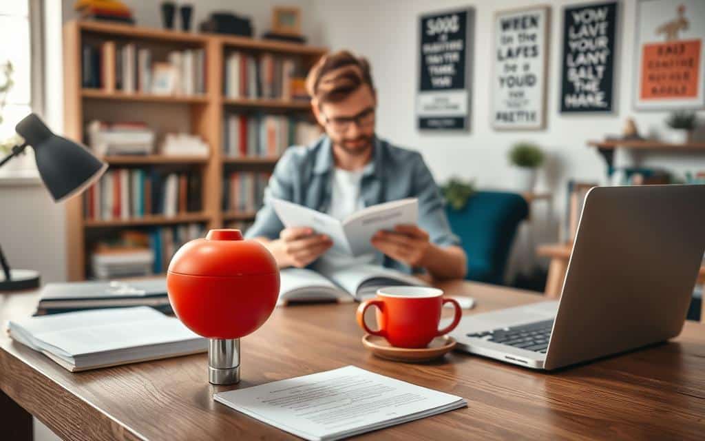 A cozy study room illustrating the Pomodoro technique in action. In the foreground, a stylish wooden desk is adorned with a sleek red tomato timer, symbolizing focused study intervals. On the desk, organized notebooks, a laptop displaying a productivity app, and a cup of steaming coffee suggest a disciplined atmosphere. The middle layer features a person, dressed in comfortable yet professional attire, intently reviewing study materials with a focused expression. The background reveals a well-lit room with bookshelves filled with textbooks and motivational posters on the walls. Soft natural light streams through a window, creating a warm and inviting ambiance. Capture a balanced composition with a slightly blurred background, emphasizing the subject's concentration and the study tools, while evoking a sense of productivity and discipline.