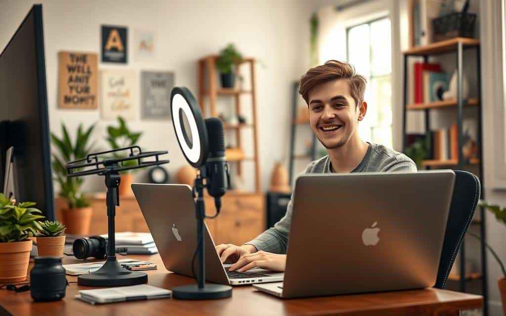 A cozy, well-lit home office scene focused on a young adult vlogger. In the foreground, they are sitting at a desk with a modern laptop open, a high-quality microphone, and a ring light illuminating their face, creating a warm, inviting atmosphere. The vlogger, wearing casual yet professional attire, is engaged in speaking to the camera with an enthusiastic expression. In the middle ground, various vlogging equipment like cameras and notebooks are visible, along with plants and motivational posters on the walls. In the background, a bookshelf filled with books and decorative items enhances the creative vibe. Soft, natural daylight filters in through a nearby window, casting gentle shadows and adding to the relaxed yet productive mood of digital creativity and communication.