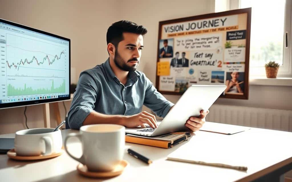 A determined individual sitting at a clean, organized desk, looking thoughtfully at a laptop screen displaying financial graphs. In the foreground, a coffee cup and a notepad filled with notes and motivational quotes emphasize a positive mindset. The middle ground features a vision board with goal-setting images and inspirational words to illustrate ambitions. The background shows a bright, sunlit window, symbolizing a new perspective and hope for the future. The scene is illuminated by natural light, creating an uplifting atmosphere, shot from a slightly elevated angle to focus on the person's engaged expression. The individual wears smart casual clothing, radiating professionalism and focus. The overall mood is one of determination and optimism, capturing the essence of staying motivated on a financial journey.