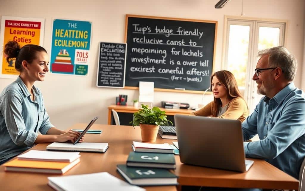 A diverse group of students, including a young woman in modest casual clothing and a middle-aged man in professional attire, are engaged in a lively discussion at a classroom table filled with books and laptops, illustrating budget-friendly schooling options. The foreground shows a bright, inviting classroom environment with colorful posters about learning achievements. In the middle, a chalkboard displays tips for maximizing educational investment, while a potted plant adds a touch of nature. The background features large windows allowing warm, natural light to fill the space, enhancing the atmosphere of inspiration and collaboration. The image is captured from a slight angle, giving depth, with soft focus on the background to emphasize the engaged students in the foreground. The mood is optimistic and focused, highlighting the potential of affordable education.