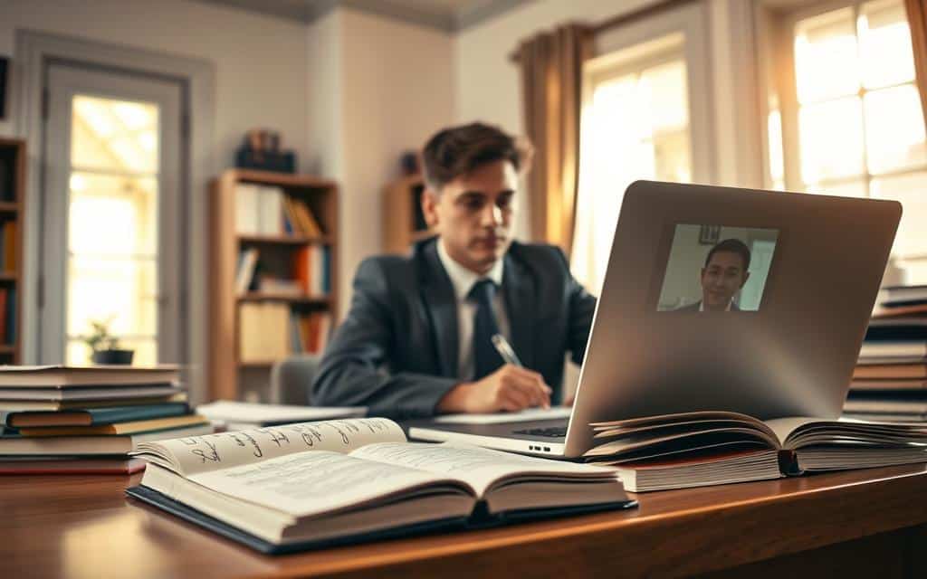 A focused learner, dressed in smart casual attire, sits at a wooden desk in a well-lit room, surrounded by books and learning materials. In the foreground, a notebook filled with handwritten notes and a laptop open to a skill-building video, emphasizing active engagement. The middle layer features the learner with a determined expression, showing concentration as they practice a new skill, perhaps playing an instrument or coding. In the background, warm natural light filters through a window, casting soft shadows and creating a cozy atmosphere. The scene conveys a sense of dedication, motivation, and productivity, highlighting the process of effective skill acquisition. The angle is slightly elevated, capturing both the learner's focused expression and the organized workspace, creating an inspiring and professional ambiance.