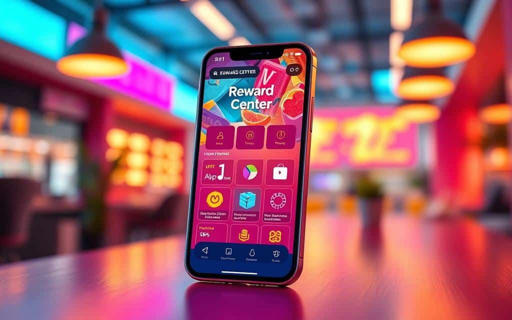 A modern digital interface with a vibrant and colorful representation of a "Reward Center," set in a futuristic app design. In the foreground, showcase a sleek smartphone displaying a user-friendly interface filled with reward points and enticing offers. In the middle ground, include icons representing various rewards, such as discounts and exclusive items, subtly glowing to emphasize their value. The background features a soft-focus, brightly lit workspace that conveys a sense of excitement and accessibility. Use warm, inviting lighting to create an inviting atmosphere, highlighting the app's features. The angle should be slightly tilted to give a dynamic view of the smartphone, ensuring no text or branding elements appear in the image.