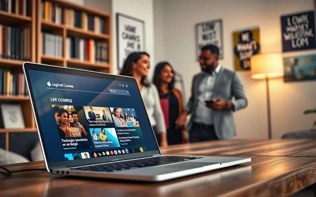 A modern digital learning platform interface displayed on a sleek laptop, located on a stylish wooden desk. In the foreground, focus on the glowing screen showcasing vibrant course thumbnails with brief descriptions, emphasizing subjects like technology, business, and design. In the middle, include a diverse group of learners—two women of different ethnicities and one man, all dressed in smart casual attire—engaged in a lively discussion about the courses. The background features a softly lit room with bookshelves and motivational posters, creating a warm and inviting atmosphere. The overall mood is one of inspiration and professional growth, captured in soft, natural lighting as if coming from a nearby window. Use a shallow depth of field to accentuate the learners while keeping the background slightly blurred.