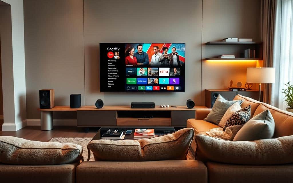 A modern home entertainment system displaying cutting-edge technology. In the foreground, a sleek, large flat-screen television mounted on an elegant media console, showcasing a vibrant streaming interface. To the sides, stylish speakers emit sound, complemented by a minimalist coffee table with a few remotes and a subscription guide. In the middle ground, a plush, inviting sofa adorned with cozy throw pillows, facing the TV, creates a sense of comfort. In the background, warm ambient lighting highlights the living room, with modern shelves holding decorative items and books. The overall atmosphere is relaxed and inviting, ideal for family movie nights or game sessions. Capture this scene with a slightly elevated angle, emphasizing the depth and arrangement of the space, while ensuring soft, natural lighting accentuates the warmth of home.