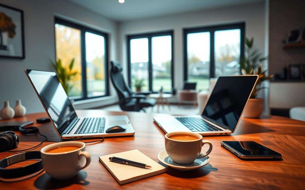 A modern home office scene focused on telecommuting tools, featuring a stylish wooden desk with a laptop open and various tech accessories like a wireless mouse, headphones, and a smartphone. In the foreground, include a steaming cup of coffee and a notepad with a pen. The middle ground showcases a comfortable ergonomic chair and a potted plant for a touch of greenery, emphasizing a productive environment. In the background, large windows let in warm, natural light, revealing a cozy suburban setting outside. The atmosphere is serene and focused, with a color palette of soft blues and earthy tones, suggesting a blend of professionalism and comfort. The image should be clear, well-lit, and depict a space where one can work efficiently from anywhere.