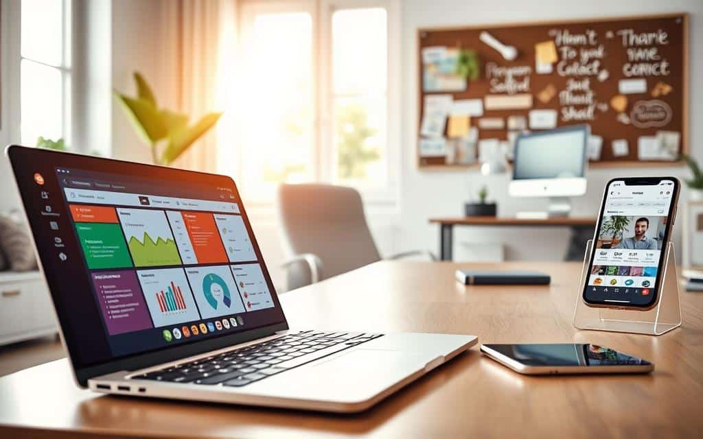A modern home office scene illustrating the integration of productivity apps for remote work. In the foreground, a sleek laptop is open, displaying a colorful dashboard of various productivity applications, with graphs and task lists. To the right, a stylish desk is adorned with a smartphone showing a video call interface, and a tablet with a project management app. In the middle ground, a comfortable office chair faces a large window, where soft natural light filters in, creating a warm and inspiring atmosphere. In the background, a bulletin board filled with notes and motivational quotes enhances the workspace. The overall mood is focused and productive, highlighting a harmonious blend of technology and a vibrant work environment.