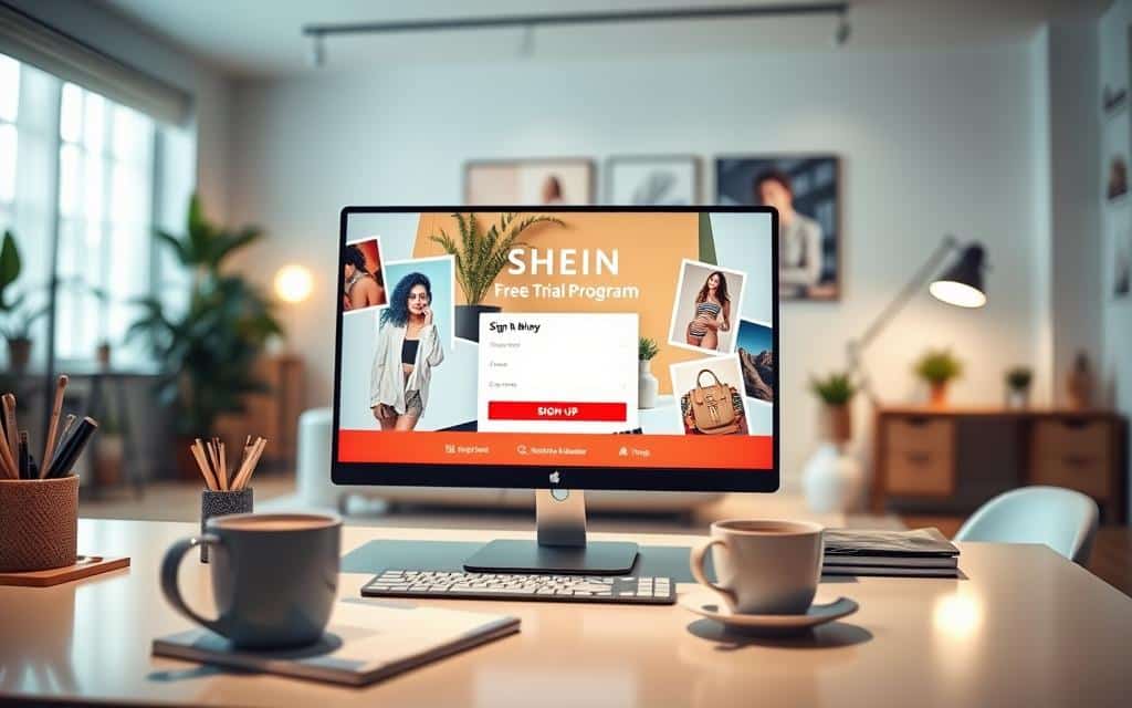 A modern, inviting workspace scene showcasing a computer screen displaying the SHEIN sign-up page for their free trial program. In the foreground, a well-organized desk with stationery and a cup of coffee, reflecting a professional atmosphere. The middle ground features a close-up of the monitor where the vibrant, user-friendly interface of the SHEIN sign-up page is visible, with colorful product images and clear call-to-action buttons. In the background, a stylish and bright room with soft, ambient lighting creates a warm and welcoming feel. The lens captures this from a slightly elevated angle, emphasizing both the screen and the inviting workspace. The mood exudes enthusiasm and accessibility, encouraging viewers to engage with the trial program.