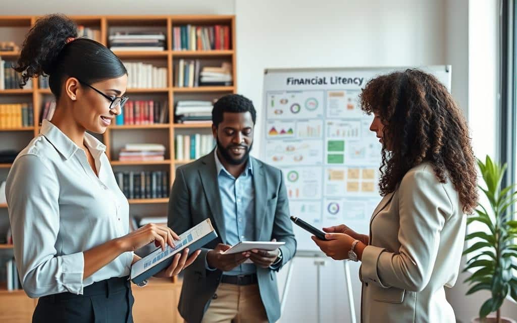 A modern office environment showcasing a diverse group of three professionals engaged in a collaborative discussion about financial literacy. In the foreground, a woman in professional business attire points at a digital tablet displaying graphs and charts, while a man beside her takes notes. The middle ground features a large whiteboard filled with colorful diagrams and financial concepts, emphasizing an educational atmosphere. The background includes shelves with books on finance, investing, and economics, softly illuminated by natural light coming through a window. Capture this scene from a slightly elevated angle to provide a comprehensive view of the interaction and the learning materials, conveying a mood of inspiration and empowerment. Use bright, warm lighting to enhance a positive and engaging environment.