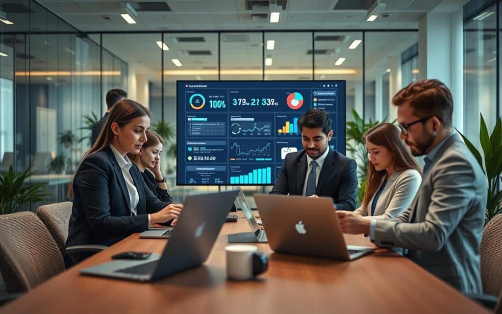 A modern office workspace showcasing the impact of digital services on streamlining operations. In the foreground, a diverse group of professionals dressed in smart business attire are engaged with sleek laptops and digital tablets, collaborating effectively. The middle layer features a large digital screen displaying data analytics and project management tools, highlighting the efficiency of digital processes. The background consists of a contemporary office environment with glass walls, plants, and ambient lighting, creating a vibrant yet focused atmosphere. Soft, diffused lighting enhances the sense of innovation and productivity, while a slight camera angle gives depth to the scene, evoking a feeling of progress and modernity.