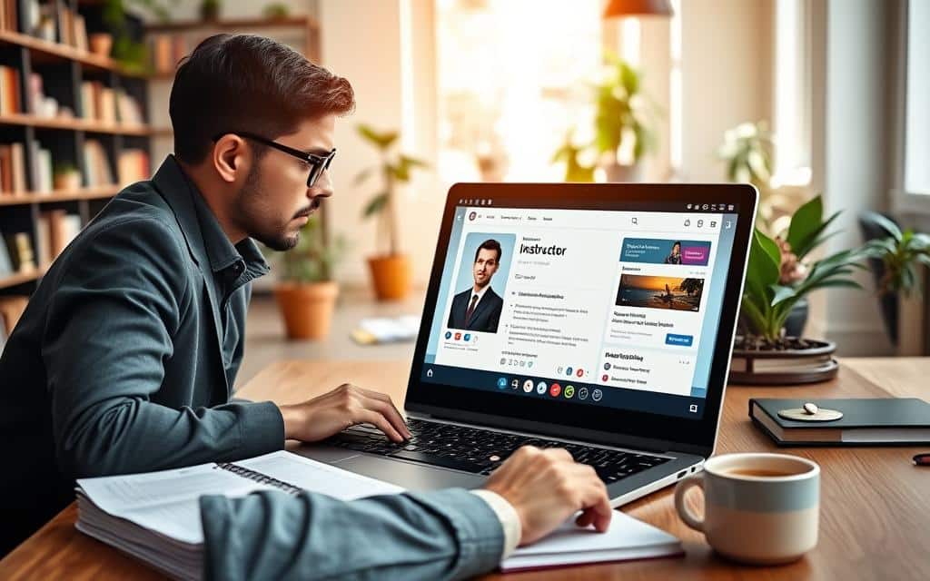 A modern online learning platform interface displayed on a sleek laptop, positioned on a stylish wooden desk. In the foreground, a focused individual wearing professional attire, seated with an attentive posture, interacts with the screen, showcasing a course page featuring an instructor's profile with a photo and credentials. This is surrounded by educational materials like notebooks and a coffee cup. In the middle ground, a bright and airy room filled with bookshelves and plants suggests a conducive learning environment. Natural light streams in through a large window, creating an inviting atmosphere. The background hints at subtle tech elements, like digital devices, adding a modern touch. Capture the scene from a slightly elevated angle to emphasize the activity and learning engagement, evoking a sense of inspiration and professionalism.