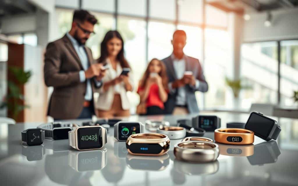 A modern scene depicting a variety of wearable devices, including smartwatches, fitness trackers, and health-monitoring rings, all showcased on a sleek, reflective surface in the foreground. In the middle ground, a diverse group of three professionals, dressed in smart casual attire, actively engaging with their devices—checking health metrics, receiving notifications, and interacting with fitness apps. The background features a bright, airy room with soft natural daylight streaming through large windows, creating a fresh and inviting atmosphere. The composition should have a slight depth of field, focusing on the wearable devices while slightly blurring the background to enhance the subject. The overall mood is vibrant and optimistic, highlighting the role of technology in enhancing personal health and wellness.