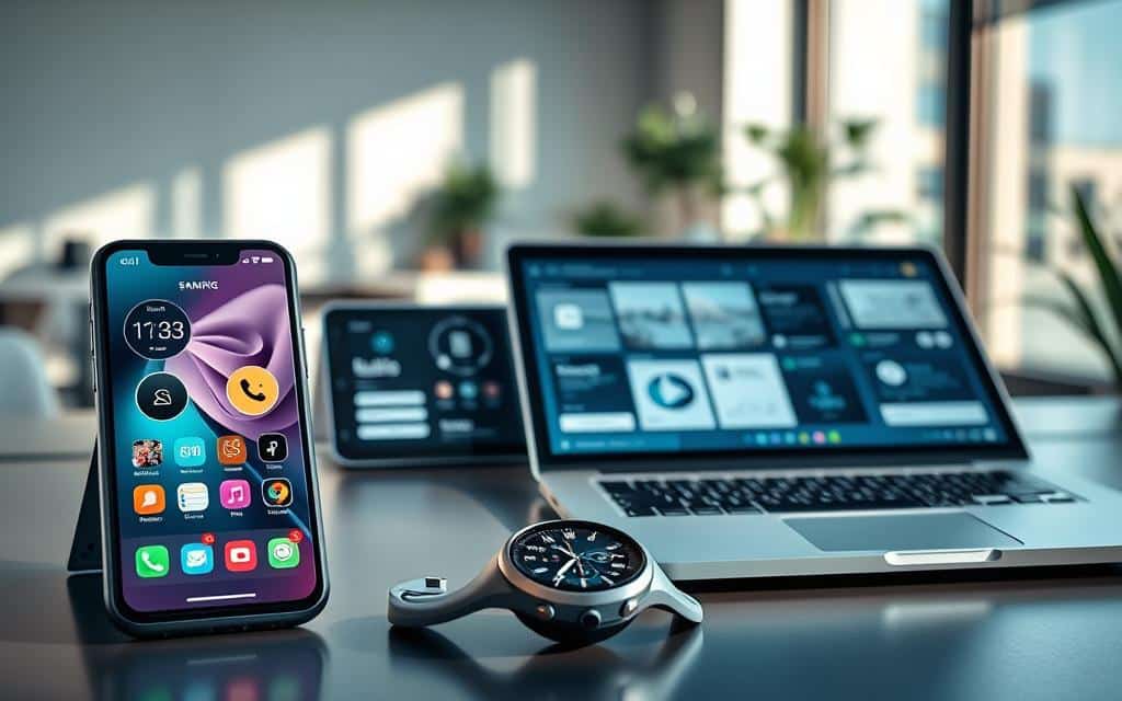 A modern, sleek workspace featuring a variety of personal devices showcasing smart features. In the foreground, a high-tech smartphone with an intuitive interface displaying a personalized home screen, alongside a smartwatch with health metrics visible. In the middle, a tablet with a vibrant display showing smart home controls and notifications, while a laptop with a large screen is open, illustrating productivity apps. The background includes a stylish and minimalistic office environment with soft, natural lighting coming through a window, casting gentle shadows. The overall mood is innovative and efficient, reflecting the seamless integration of technology into everyday life. The image should evoke a sense of modernity and productivity, with devices being the focal point.