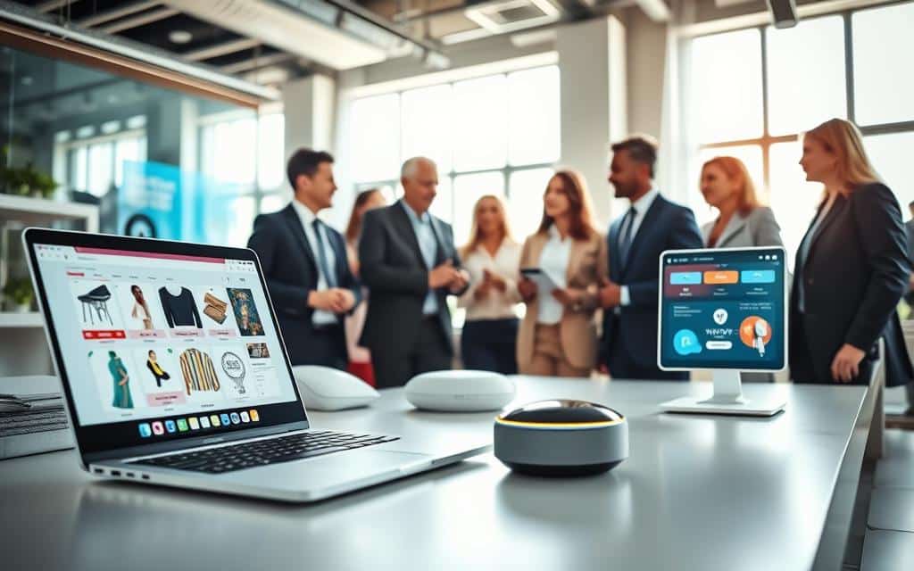A modern workspace depicting online shopping automation, featuring a well-organized desk with a sleek laptop open to an e-commerce site displaying various products. In the foreground, a diverse group of professionals in business attire are engaged in a lively discussion, highlighting their automated shopping experience. The middle ground showcases futuristic devices, like a smart voice assistant and an interactive digital display showing personalized recommendations. The background is filled with bright, natural light streaming through a large window, illuminating the space and creating a welcoming atmosphere. The overall mood is vibrant and efficient, emphasizing the seamless integration of technology in enhancing the shopping experience. Use a shallow depth of field to focus on the professionals while softening the background.