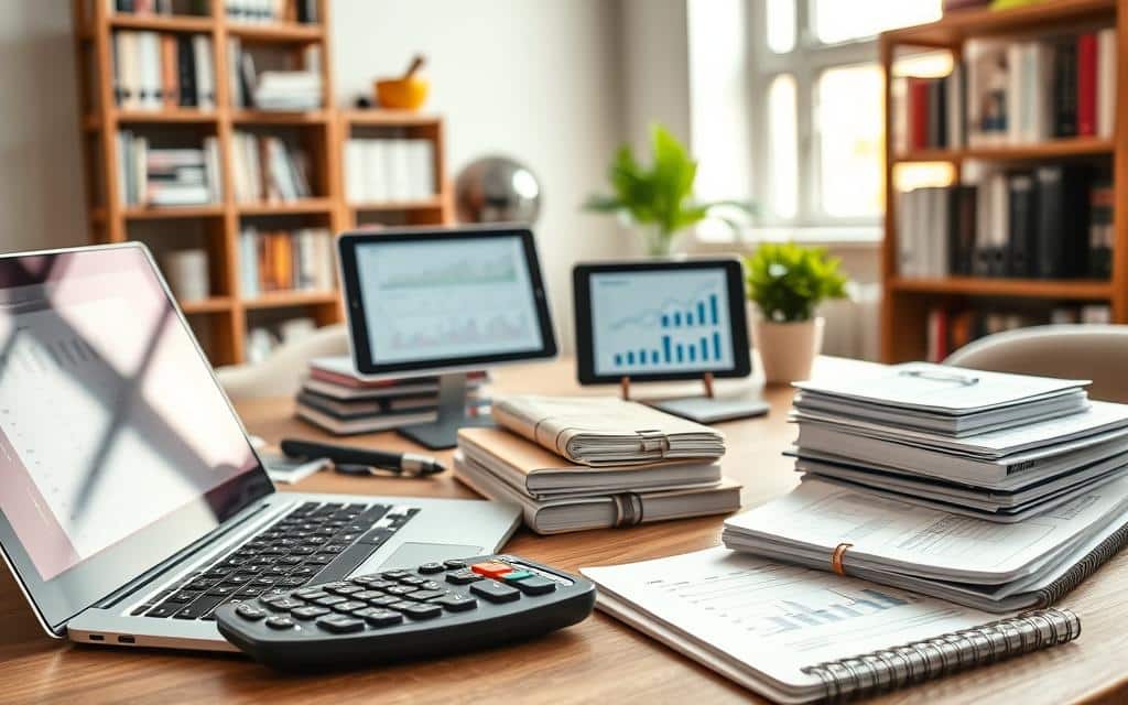 A modern workspace featuring an assortment of financial tools and resources. In the foreground, a well-organized desk showcases a laptop with financial software open, a calculator, and a stack of neatly arranged notebooks filled with financial notes. In the middle ground, a digital tablet displays charts and graphs illustrating savings and investment strategies. The background features a bookshelf filled with business and finance books, along with a small potted plant for a touch of greenery. Soft, natural lighting filters through a nearby window, creating a warm and inviting atmosphere. The camera angle is slightly elevated, capturing the organized chaos of financial planning, evoking a sense of professionalism and dedication to building a solid financial foundation.