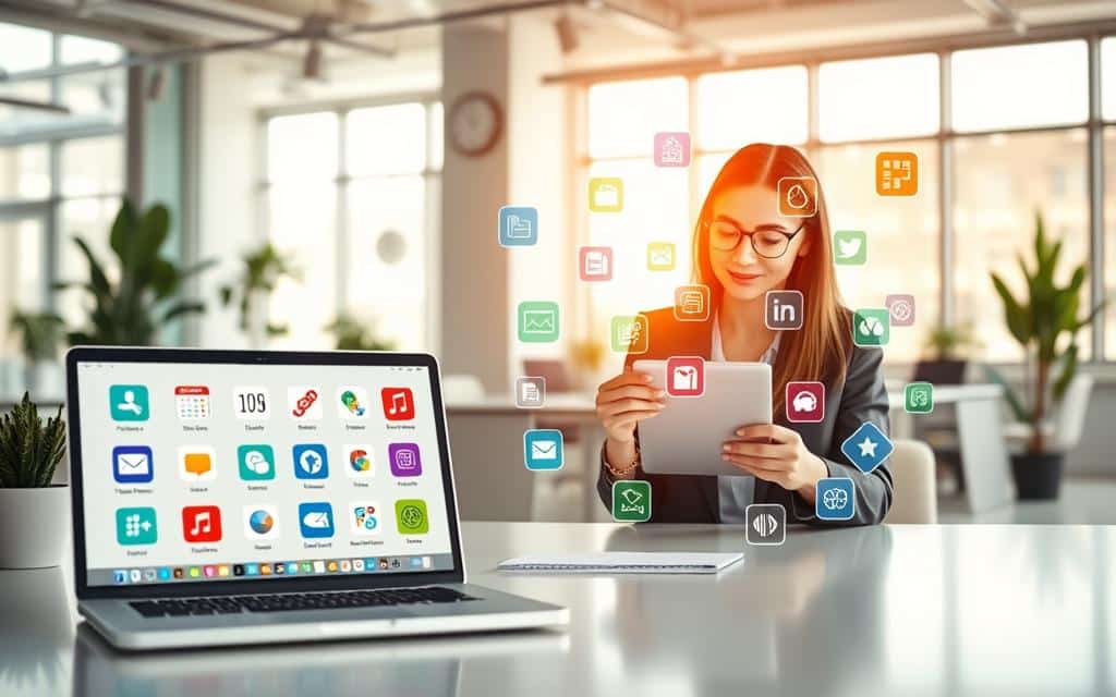 A modern workspace scene illustrating the concept of all-in-one apps, featuring a sleek desk with a laptop displaying various app icons like calendar, to-do list, note-taking, and finance tools. In the foreground, a professional woman in business attire is organized and focused, utilizing a digital tablet to manage her tasks. In the middle ground, colorful visualizations of interconnected app functionalities are floating around her, symbolizing seamless integration. The background reveals a bright, airy office space with large windows and plants, giving a sense of clarity and productivity. The lighting is warm and inviting, creating a motivating atmosphere. Use a wide-angle lens to capture depth, ensuring the composition emphasizes organization and efficiency.