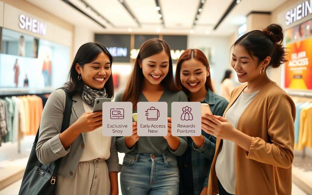 A professional and inviting image showcasing the benefits of SHEIN membership. In the foreground, a diverse group of three young adults dressed in modest casual clothing, smiling and discussing a fashion app on their smartphones. In the middle, a vivid display of membership benefits, including icons or symbols representing exclusive discounts, early access to new collections, and rewards points. The background features a stylish, modern shopping environment with SHEIN branding subtly integrated, including vibrant clothing racks and promotional banners. Soft, warm lighting creates an engaging atmosphere, with a slight blur effect on the background to emphasize the group at the forefront. The angle is slightly tilted from above, creating a dynamic perspective that draws the viewer in. The mood is positive and encouraging, embodying excitement about shopping and saving.