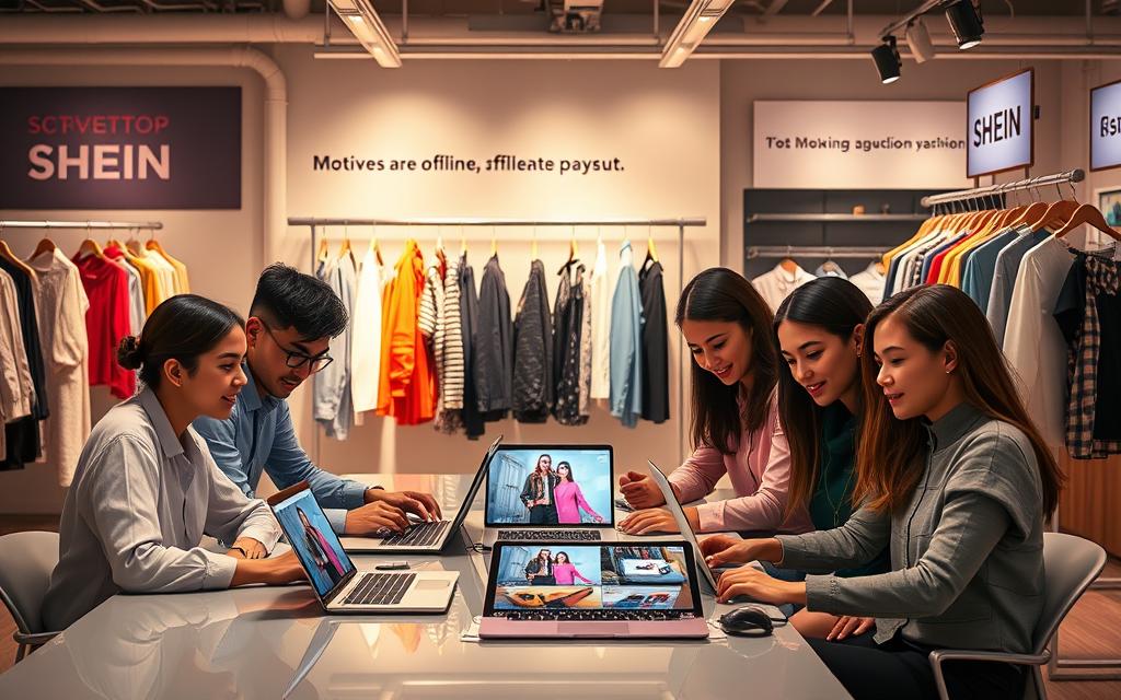 A professional and visually engaging representation of the "SHEIN Affiliate Program." In the foreground, a diverse group of young adults in modest, professional casual attire sits at a sleek, modern workspace, focused on laptops and tablets showcasing SHEIN's fashion items. In the middle ground, displays of stylish clothing hang on racks, creating a vibrant colorful palette reflective of SHEIN's offerings. The background features a softly lit creative office environment, with motivational visuals and branding elements subtly representing collaboration and online marketing. Warm, inviting lighting enhances the atmosphere, conveying optimism and professionalism. The image should capture the essence of entrepreneurship within the fashion affiliate marketing space, avoiding any distractions or overlays.