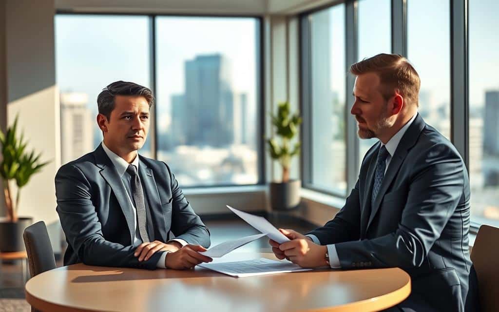 A professional job interview scene inside a well-lit office setting. In the foreground, a confident candidate dressed in a tailored navy suit is seated at a round table, maintaining eye contact with the interviewer. The interviewer, also in professional business attire, has a thoughtful expression while reviewing a resume. In the middle ground, a sleek office with large windows showcases a modern cityscape, adding depth to the environment. Soft, natural lighting filters in through the glass to create an inviting atmosphere that emphasizes professionalism and focus. The background features minimalist decor, such as a potted plant and a bookshelf, enhancing the sophisticated feel without distractions. The overall mood is serious yet optimistic, capturing the essence of preparing for job interviews in a competitive job market.