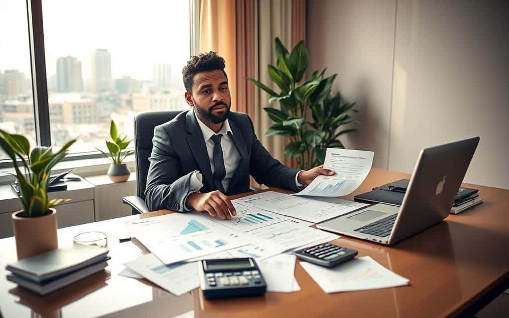 A professional office setting, featuring a diverse individual sitting at a modern desk cluttered with financial documents, a laptop, and a calculator. The person, dressed in smart business attire, appears focused while reviewing graphs and spreadsheets on the screen. Soft, warm lighting fills the room, creating an inviting atmosphere, with a large window in the background showing a view of a city skyline. Green plants are positioned strategically to add a touch of nature. The angle is slightly above eye level, capturing the person's determined expression as they adjust their financial plan. This scene emphasizes the act of regular financial review and adjustment, conveying a sense of organization and clarity.