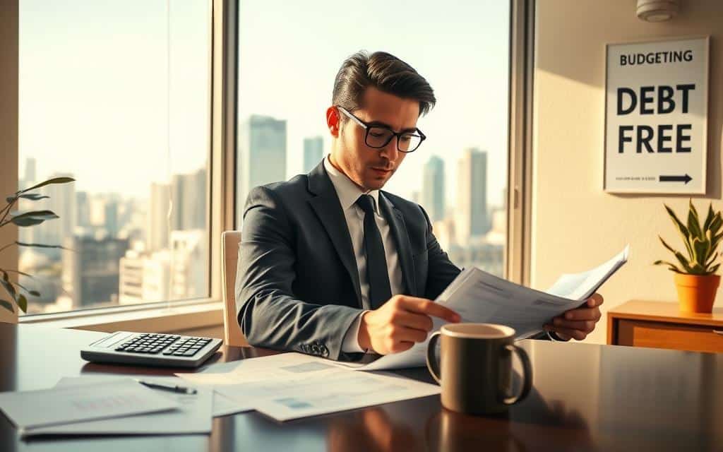 A professional, serene office environment illustrating effective debt management. In the foreground, a focused individual in smart business attire is reviewing financial documents, their expression calm yet determined. On the desk, a calculator, a financial spreadsheet, and a mug of coffee create a sense of productivity. In the middle, a large window allows natural light to flood the room, with a view of a city skyline that suggests stability and growth. In the background, motivational posters on the wall depict concepts like "Budgeting" and "Debt-Free." The lighting is warm, creating an inviting atmosphere, and the entire image has a balanced composition that conveys professionalism, focus, and the possibility of financial control.