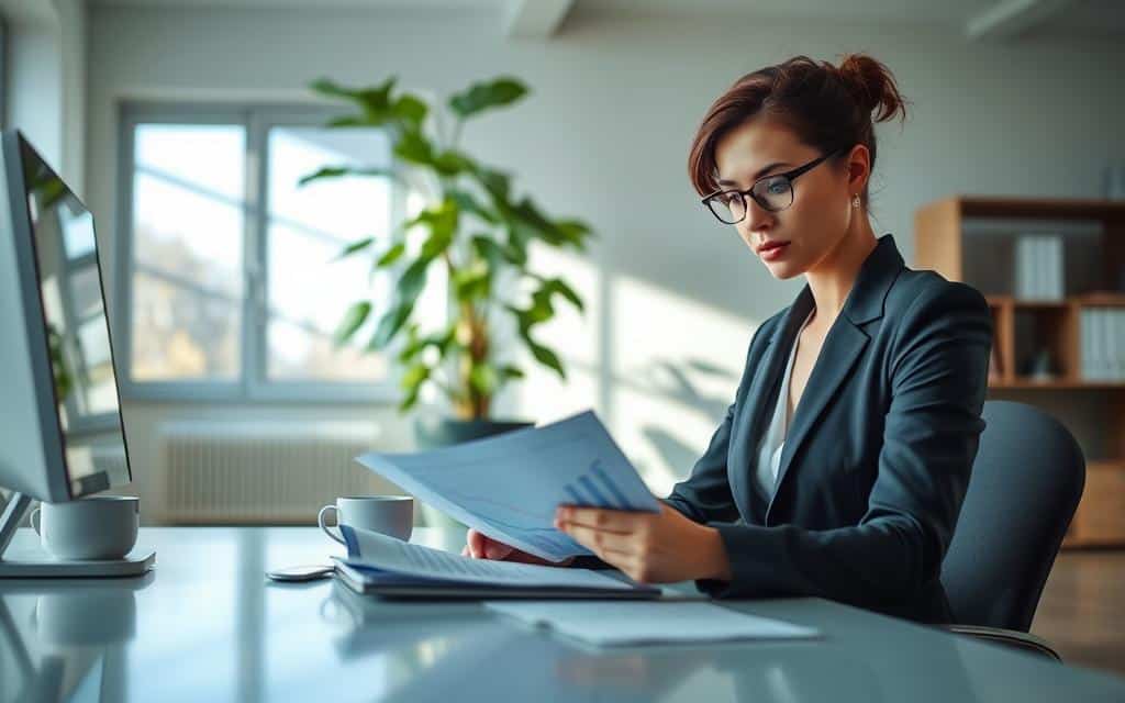 A serene office setting embodies the theme of debt reduction. In the foreground, a professional woman in smart business attire is working at a desk, reviewing financial documents and charts showing declining debt. Her expression is focused and determined. In the middle ground, a large potted plant symbolizes growth and renewal, adding a touch of nature to the workspace. The background features a large window with soft, natural light streaming in, casting gentle shadows across the room, creating a calm and hopeful atmosphere. The overall color palette is soft blues and greens, promoting a sense of tranquility and optimism. The scene captures the steps towards financial freedom and security in a visually appealing and professional manner.