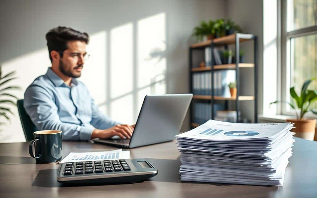 A serene office setting featuring a professional, casually dressed individual sitting at a sleek desk, focused on a laptop displaying graphs and charts. In the foreground, a stack of organized financial documents is neatly arranged beside a stylish calculator and a cup of coffee, symbolizing order and clarity. In the middle ground, a large window allows soft, natural light to filter in, casting gentle shadows and creating a calming atmosphere. In the background, a shelf filled with neatly labeled folders and plants adds a touch of greenery, emphasizing organization and serenity. The overall mood is one of tranquility and control, illustrating the concept of account consolidation in a simplified and approachable manner.