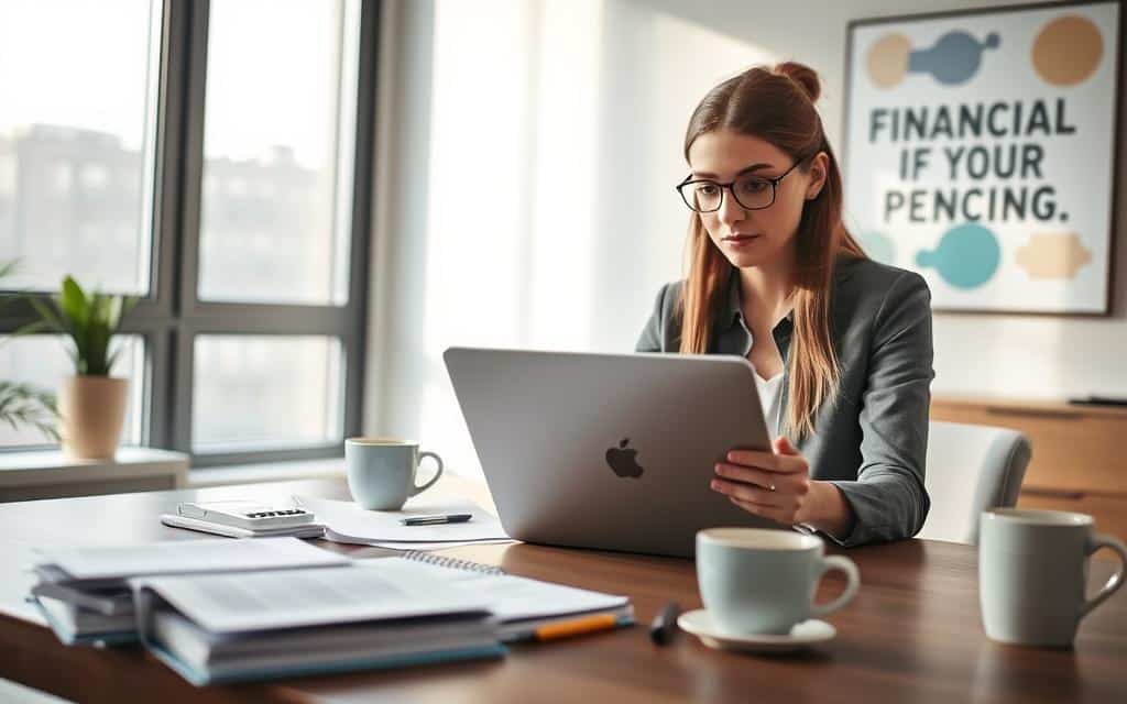 A serene office setting with a young professional woman sitting at a desk, reviewing financial plans on her laptop, embodying financial discipline and motivation. In the foreground, there are neatly organized notebooks, a calculator, and a cup of coffee, symbolizing focus and preparation. The middle background showcases a large window with soft, natural light streaming in, illuminating the space and casting a warm glow on her determined expression. In the background, a motivational poster with abstract designs hints at goal achievement without revealing specifics. The atmosphere is calm but energized, highlighting the importance of staying committed to financial goals. The scene conveys professionalism and determination, embodying a sense of purpose and clarity.