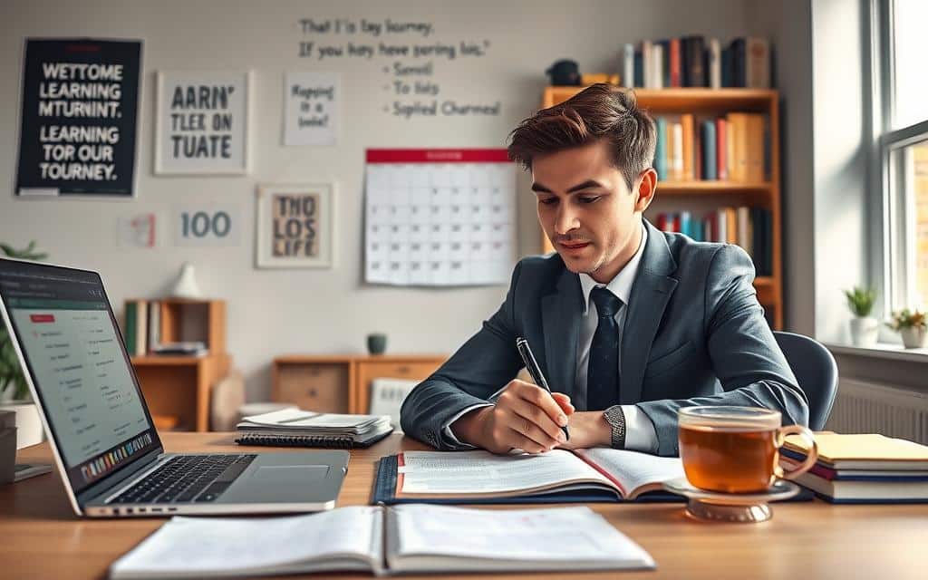 A serene study environment showcasing a well-organized desk with an open notebook, a laptop displaying educational materials, and a cup of steaming tea. In the foreground, a focused individual in professional business attire sits at the desk, jotting down notes with a pen, embodying determination and intention. The middle ground features a wall decorated with motivational quotes and a calendar with scheduled learning times, symbolizing a structured learning schedule. The background includes a bookshelf filled with various books and a window letting in soft, natural light, creating a warm and inviting atmosphere that encourages concentration. The overall mood is inspiring and productive, inviting viewers to envision their own consistent learning journey.