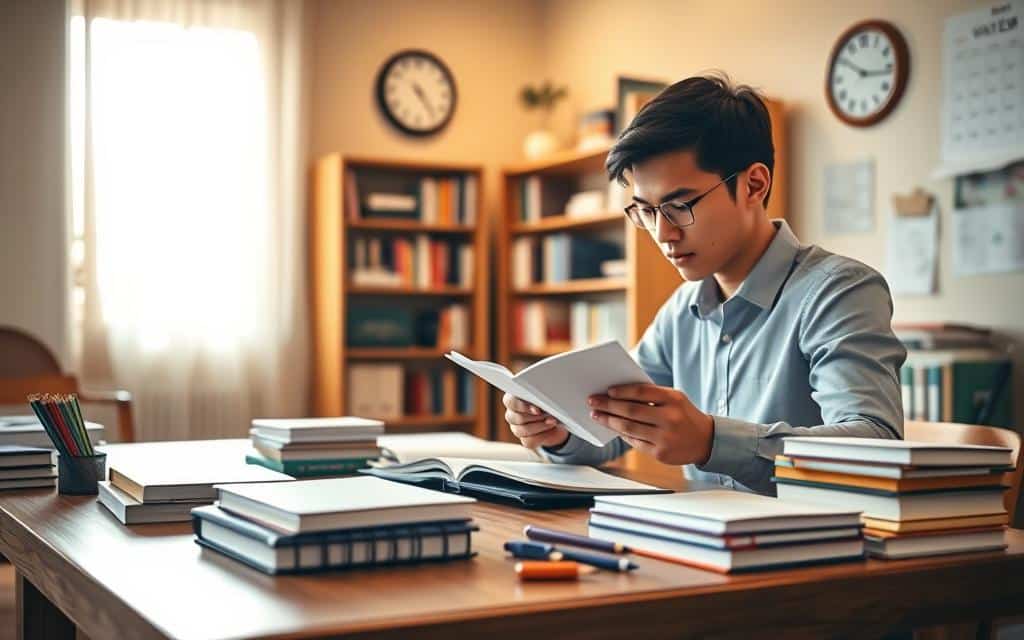 A serene study room featuring a wooden desk with neatly stacked books and stationery. In the foreground, a focused student in business casual attire reviews notes, using a planner and flashcards, symbolizing effective spaced repetition. The middle layer includes a wall clock and a calendar, subtly indicating scheduled review sessions. The background reveals a softly lit bookshelf filled with learning resources, creating an inviting atmosphere. Warm, natural lighting filters through a window, casting gentle shadows and enhancing the calm ambiance. The angle is slightly elevated, giving a comprehensive view of the workspace. The overall mood is inspirational, promoting the idea of intentional learning and regular review.