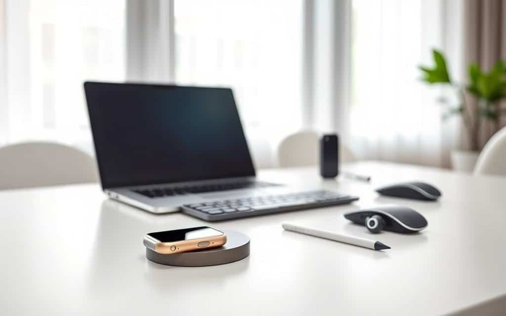 A sleek arrangement of minimalist tech accessories on a clean, white desk. In the foreground, there’s a stylish wireless charger with a smooth surface, a high-tech smartwatch with a simple design, and a pair of modern, wireless earbuds. In the middle, a thin laptop showcases a vibrant screen, while a compact, wireless keyboard and mouse complement the setup. The background features a softly blurred view of a bright indoor space with soft natural light filtering through large windows, creating a calm atmosphere. Take the shot from a slightly elevated angle, showcasing the elegance of simplicity in everyday life. The image should evoke feelings of tranquility and sophistication, emphasizing the importance of functional and aesthetic beauty in technology.