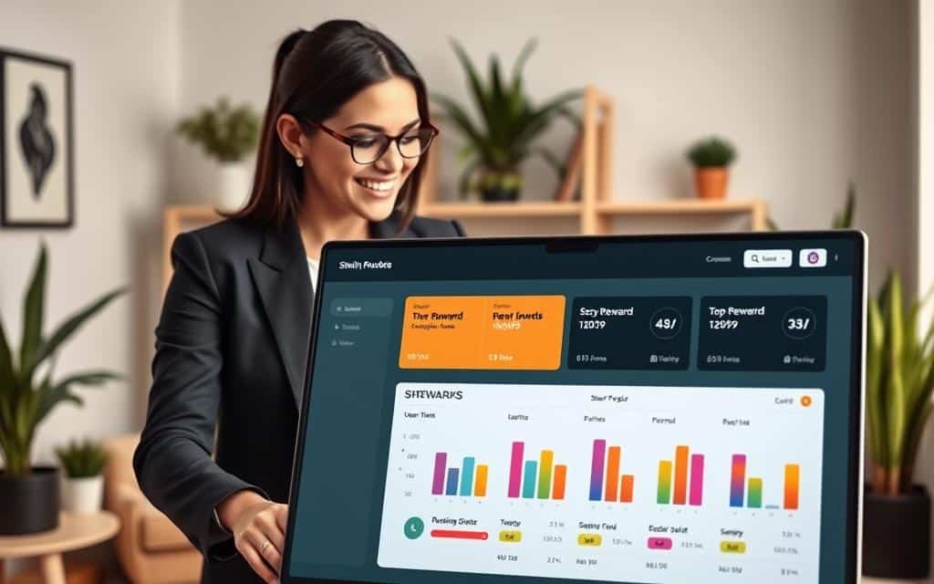 A sleek, modern digital dashboard interface showcasing the SHEIN VIP rewards system prominently in the foreground. The screen displays a user-friendly progress tracker with colorful, visually engaging graphics representing various reward levels and points accrued. In the middle ground, a stylishly dressed individual, wearing professional business attire, interacts with the interface, expressing excitement and satisfaction. The background features a cozy, well-lit home office with plants and decor that create a warm and inviting atmosphere, suggesting a sense of personal accomplishment. Soft, diffused lighting adds a professional yet approachable feel, and a slight angle captures both the individual’s engagement and the vibrant details of the reward tracker. The overall mood is one of motivation and progress.