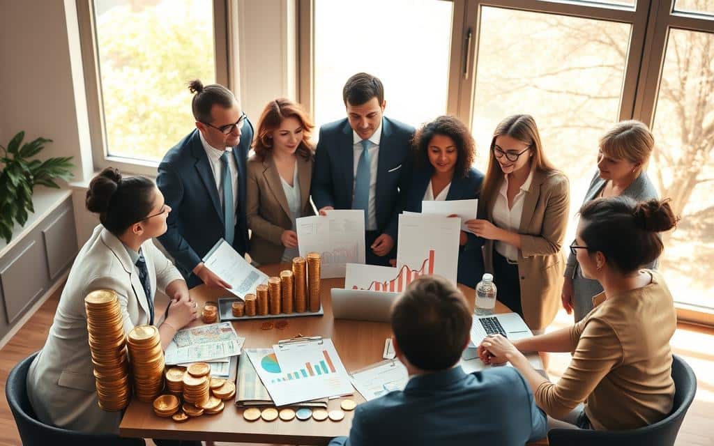 A thought-provoking scene depicting various money beliefs and attitudes. In the foreground, a diverse group of professionals in smart business attire is engaged in an animated discussion around a table filled with financial documents, charts, and an open laptop. Their expressions range from curiosity to contemplation, illustrating the complexity of money mindsets. In the middle, visual symbols of wealth, such as stacks of coins, banknotes, and graphs showing upward trends, punctuate the environment, representing different perspectives on finance. The background features a large window allowing warm, natural light to spill in, casting soft shadows and creating a welcoming atmosphere conducive to productive dialogue. The mood is one of exploration and insight, inviting viewers to reflect on their relationship with money.