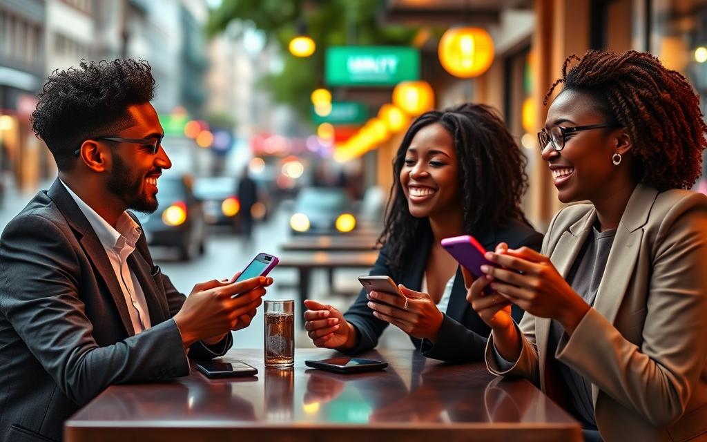A vibrant and engaging digital composition showcasing the benefits of staying connected through social media applications. In the foreground, a diverse group of three people, dressed in professional business attire, sit together at a modern café table, holding smartphones and laughing together. In the middle ground, their devices glow softly, displaying notifications and messages that suggest interaction. The background features a bustling urban street with colorful social media icons faintly visible in the distance, symbolizing connectivity. Use warm, natural lighting to create an inviting atmosphere, with a slightly blurred effect on the background to keep the focus on the group. Aim for a cheerful and connected mood, emphasizing the joy of communication through technology.