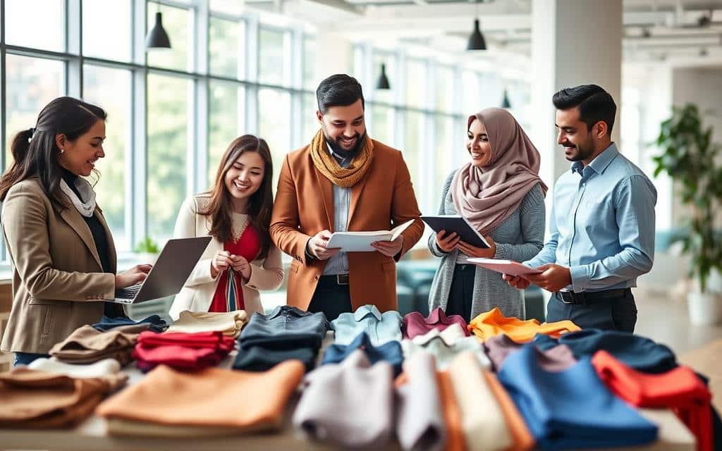 A vibrant and engaging scene depicting a SHEIN customer feedback session. In the foreground, a diverse group of three individuals—two women in professional business attire and one man in modest casual clothing—are discussing feedback while looking at their laptops and notebooks. In the middle ground, an array of colorful SHEIN clothing items neatly displayed on a table, showcasing the brand's trendy styles. The background features a modern office space with large windows allowing natural light to flood the room, creating a bright and inviting atmosphere. The mood should convey collaboration and enthusiasm, emphasizing the importance of customer feedback in shaping fashion choices, with a focus on the positive impact of reviews on the SHEIN brand.