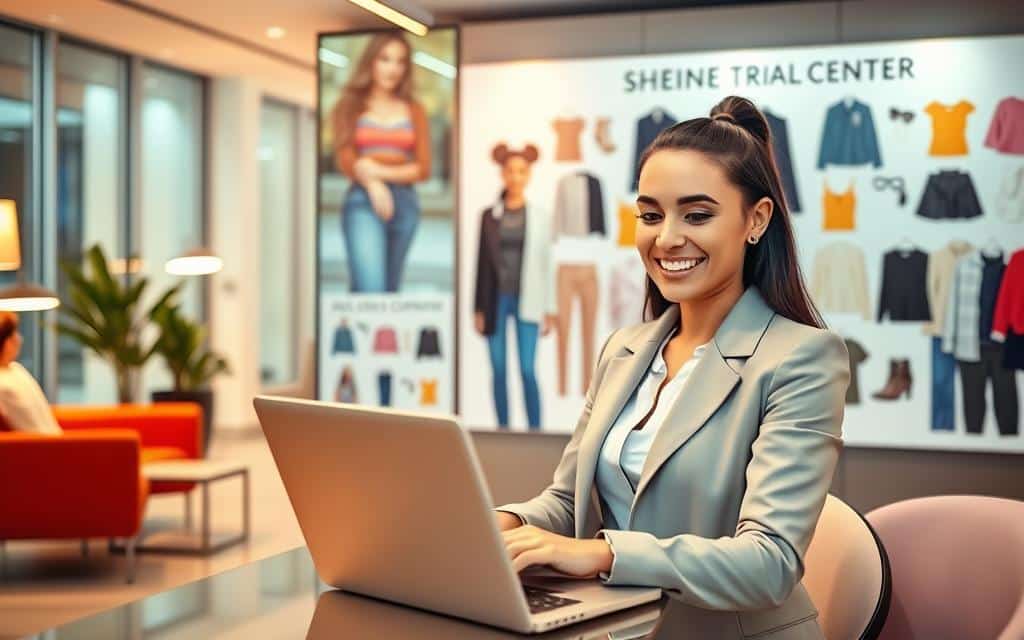 A vibrant and inviting scene showcasing the concept of a SHEIN trial membership. In the foreground, a smiling woman in professional business attire is browsing an online platform on her laptop, displaying colorful fashion items. The middle layer features a sleek, modern office environment with stylish decor that implies creativity and fashion, with soft lighting illuminating the space. In the background, a large bulletin board is filled with images of trendy outfits and products available through the SHEIN Free Trial Center. The atmosphere is optimistic and energetic, reflecting the excitement of discovering new fashion without any commitment. The image composition should be well-balanced, using a warm color palette to evoke a sense of inspiration and accessibility for potential users.