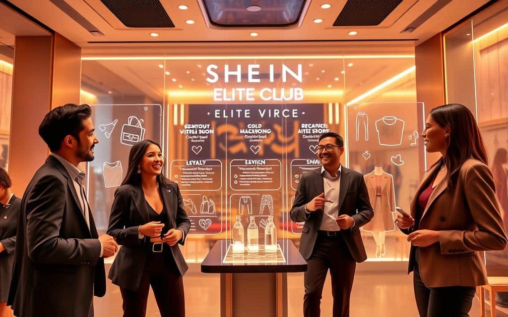 A vibrant and modern scene depicting a stylish, upscale virtual lounge representing the SHEIN Elite Club. In the foreground, a diverse group of three people dressed in smart business casual attire is engaged in conversation, exuding excitement and ambition. The middle ground features sleek, holographic displays showcasing various loyalty tiers and rewards, with shimmering gold accents symbolizing exclusivity. The background is filled with soft, ambient lighting, creating a welcoming and luxurious atmosphere, enhanced by abstract patterns of fashion items subtly floating in the air. The image should be captured with a wide-angle lens to emphasize the space, giving a sense of depth and inclusivity, while maintaining a bright and energetic mood.