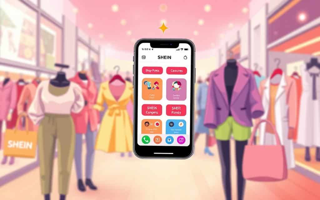 A vibrant digital illustration depicting a smartphone displaying the SHEIN app interface prominently in the foreground, featuring colorful icons representing SHEIN Points and discounts. Surrounding the phone, an array of stylish clothing and accessories in soft pastel colors serves as the middle layer, symbolizing fashion options. In the background, an abstract, blurred cityscape creates a modern shopping atmosphere, with warm lighting illuminating the scene to enhance the inviting mood. The atmosphere should feel energetic and trendy, appealing to fashion-savvy consumers. The angle should be slightly elevated, focusing on the interaction between the app and the fashion items, showcasing the concept of loyalty rewards seamlessly integrated into everyday shopping.