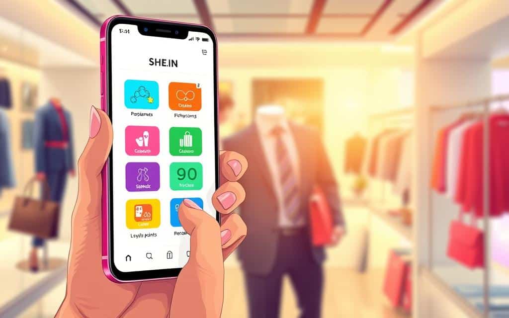 A vibrant digital illustration featuring the concept of rewards from the SHEIN app. In the foreground, an elegant smartphone displays the SHEIN app interface, showcasing colorful rewards icons such as discount coupons, cashback offers, and loyalty points. The middle layer includes a hand gently interacting with the phone, stylized in a professional business attire, suggesting engagement with the app. The background is a modern, bright shopping environment, with hints of fashionable clothing and accessories displayed, subtly indicating the brand's aesthetic. The lighting is warm and inviting, creating a sense of excitement and opportunity. The overall atmosphere conveys an enticing and user-friendly experience with app rewards.