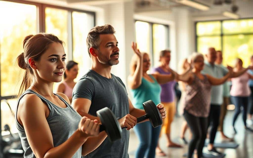 A vibrant gym environment showcasing a diverse group of individuals engaging in various physical activities to enhance memory. In the foreground, a young woman is focused on lifting weights, her expression showing determination. In the middle ground, a man is practicing yoga, harmonizing his movements with calmness. A group of older adults is seen participating in a light aerobics class, smiling and enjoying the camaraderie. The background features large, bright windows allowing warm sunlight to flood the space, creating a cheerful and motivating atmosphere. The composition captures a sense of energy and vitality, emphasizing the link between staying physically active and improved cognitive function. The lighting is bright and inviting, suggesting a positive and inspiring mood, while the lens perspective is slightly elevated to encompass the diverse activities taking place.