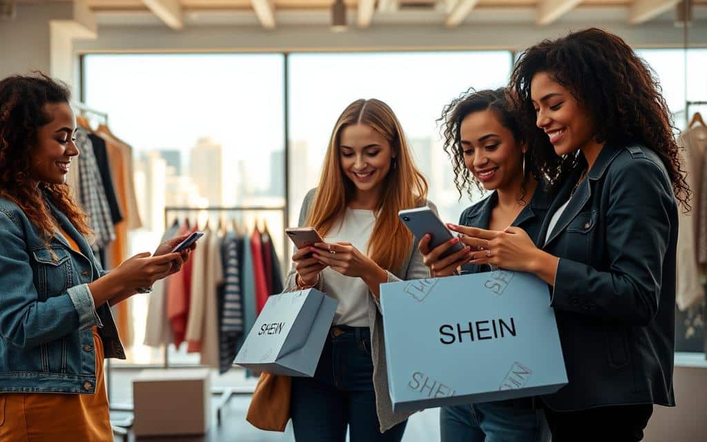 A vibrant scene showcasing the SHEIN Influencer Program targeting content creators and social media personalities. In the foreground, a diverse group of three influencers, dressed in trendy but professional attire, enthusiastically engaging with their smartphones and stylish SHEIN packages. The middle layer features a backdrop of a modern, bright workspace adorned with clothing racks displaying SHEIN’s latest fashion, reflecting a feeling of creativity and collaboration. Soft natural lighting floods the room, creating a warm and inviting atmosphere. In the background, large windows reveal a bustling cityscape, symbolizing connectivity and trendsetting. The overall mood is dynamic and youthful, capturing the essence of a thriving influencer community.