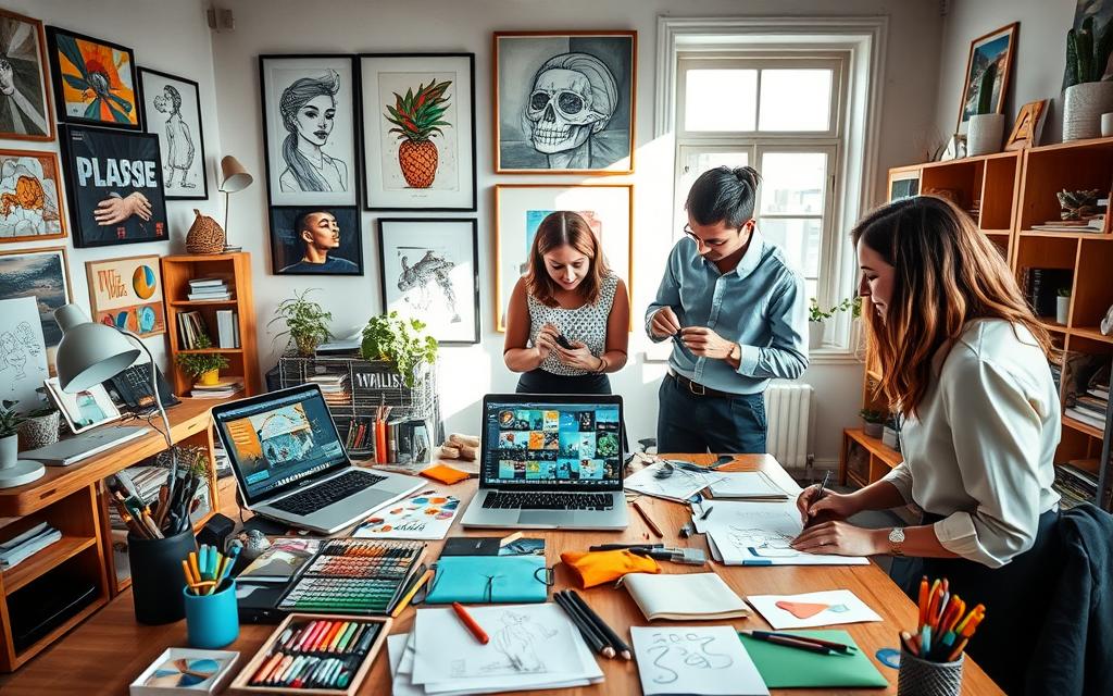 A vibrant workspace filled with creative tools, centered around a stylish wooden desk cluttered with art supplies, sketchbooks, and a laptop displaying a colorful design software interface. In the foreground, a diverse group of three professionals in smart, casual attire are engaged in a collaborative brainstorming session, sketching ideas on paper. The middle layer shows inspiring artwork hanging on the walls, including digital art and photography, enhancing the scene's creativity. In the background, a bright window lets in natural light, casting soft shadows and creating a warm, inviting atmosphere. The overall mood conveys innovation and productivity, perfect for showcasing skills that can enhance income through creativity.