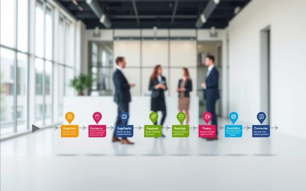 A visually engaging approval timeline depicting the process of accepting applicants to a program. In the foreground, a sleek, modern timeline graphic with distinct stages marked by colorful icons, each representing a step such as application submission, review, and acceptance. The middle ground features professional individuals, dressed in business attire, engaged in discussions, symbolizing collaboration and decision-making. The background showcases a bright, minimalistic office environment with large windows allowing natural light to flood in, creating a positive and optimistic atmosphere. Use a slightly elevated angle to provide depth, focusing on the timeline while maintaining clarity in the surrounding elements. The overall mood should be professional yet inviting, highlighting the journey of approval in a clear and motivating way.