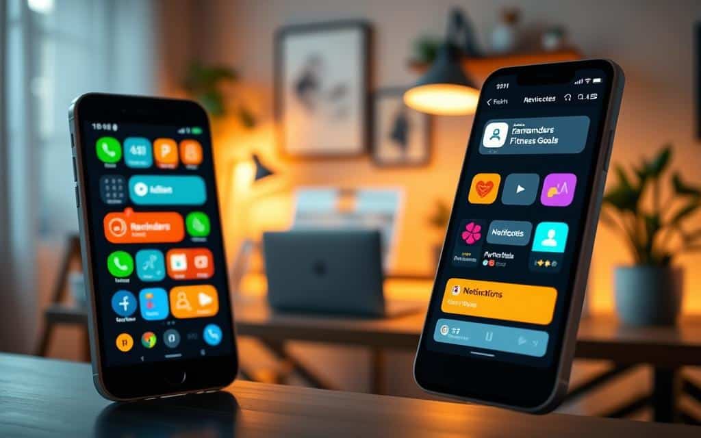 A visually engaging digital scene that illustrates the concept of notifications shaping habits. In the foreground, a smartphone displaying vibrant notification icons—like reminders, fitness goals, and personal messages—glows against a softly blurred background. The middle ground features a modern workspace with a stylish desk, laptop, and a potted plant, enhancing a sense of productivity. The background captures a cozy home environment with warm, diffused lighting, creating an inviting atmosphere. Shoot from a slightly elevated angle to provide depth to the scene. The color palette should be bright yet harmonious, emphasizing the positive impact of technology on daily routines. The overall mood conveys motivation and clarity, highlighting the power of notifications in fostering good habits.
