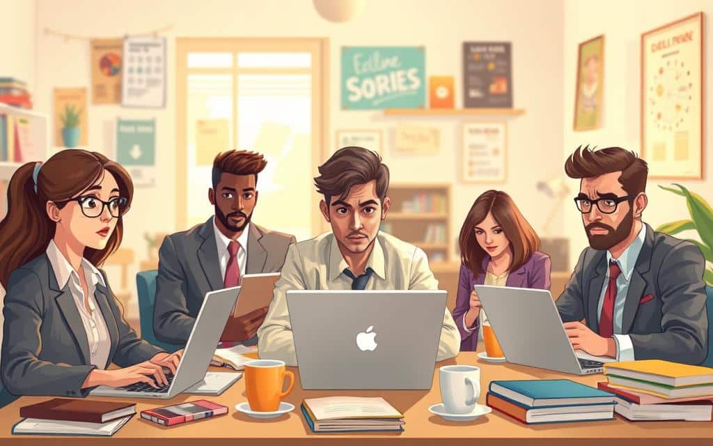 A visually engaging illustration representing the challenges of online learning. In the foreground, a diverse group of three individuals, dressed in professional business attire, are seated at their desks with laptops open, showing expressions of focus and determination. One person appears frustrated, while another looks contemplative, and the third is taking notes. In the middle ground, a cluttered workspace with books, coffee cups, and digital devices, symbolizing the distractions of learning from home. The background features a soft-focus home environment with educational posters and a window letting in warm daylight, creating an inviting yet slightly chaotic atmosphere. The overall mood is one of perseverance amidst struggle, captured with soft natural lighting and an inviting color palette.
