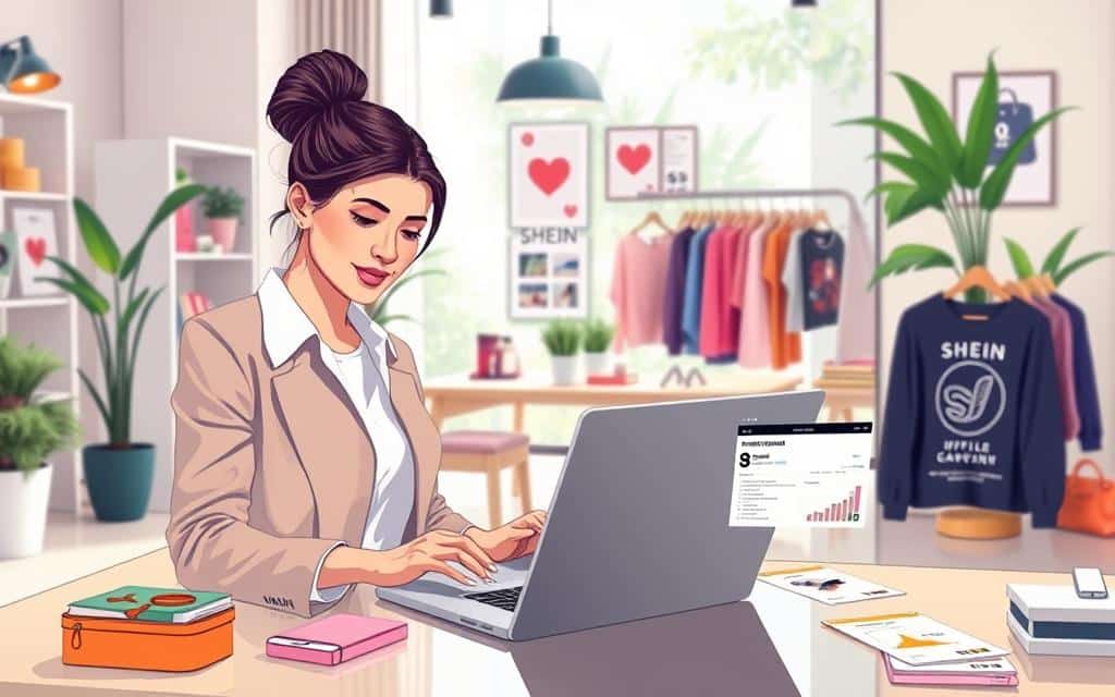A visually striking illustration depicting the concept of "SHEIN Affiliate Commission." In the foreground, a confident professional woman in smart casual attire analyzes promotional materials and commission structures on her laptop. The middle ground features a stylish desk adorned with SHEIN merchandise, including clothing and accessories, alongside visual representations of commission graphs and payment notifications. In the background, an inviting workspace illuminated by natural light, with greenery and vibrant colors that reflect SHEIN’s trendy style, creates a motivating atmosphere. The camera angle is slightly tilted, emphasizing connection and dynamism, while the overall mood is upbeat and engaging, reflecting a successful journey in affiliate marketing. The composition is balanced, allowing the viewer to focus on the subject and her activities without distractions.